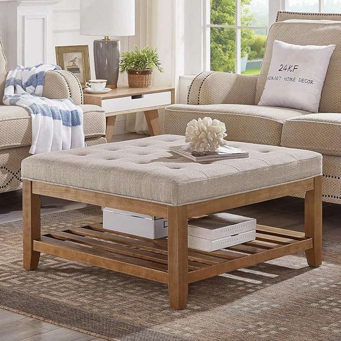 24KF Large Square Upholstered Tufted Linen Ottoman Coffee Table, Large Footrest Ottoman with Solid Wood Shelf-Linen - LeafyLoom