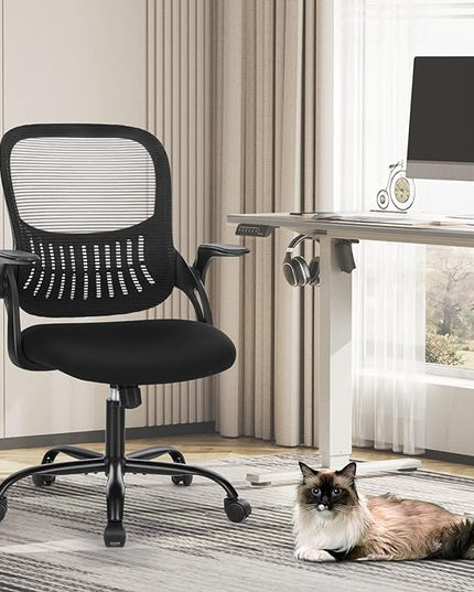 Sweetcrispy Office Computer Desk Chair, Ergonomic Mid-Back Mesh Rolling Work Swivel Task Chairs with Wheels, Comfortable Lumbar Support, Comfy Flip-up Arms for Home, Bedroom, Study, Student, Black - LeafyLoom