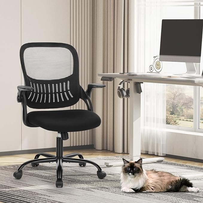 Sweetcrispy Office Computer Desk Chair, Ergonomic Mid-Back Mesh Rolling Work Swivel Task Chairs with Wheels, Comfortable Lumbar Support, Comfy Flip-up Arms for Home, Bedroom, Study, Student, Black - LeafyLoom