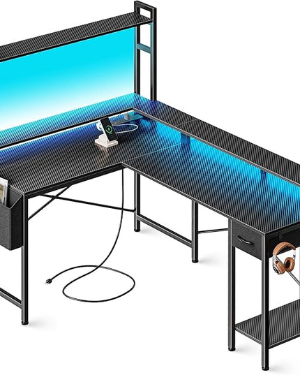L Shaped Desk Computer Desk with LED Lights & Power Outlets, Gaming Desk with Storage Shelves, Corner Desk Home Office Desks for Bedroom, Carbon Fiber Black - LeafyLoom