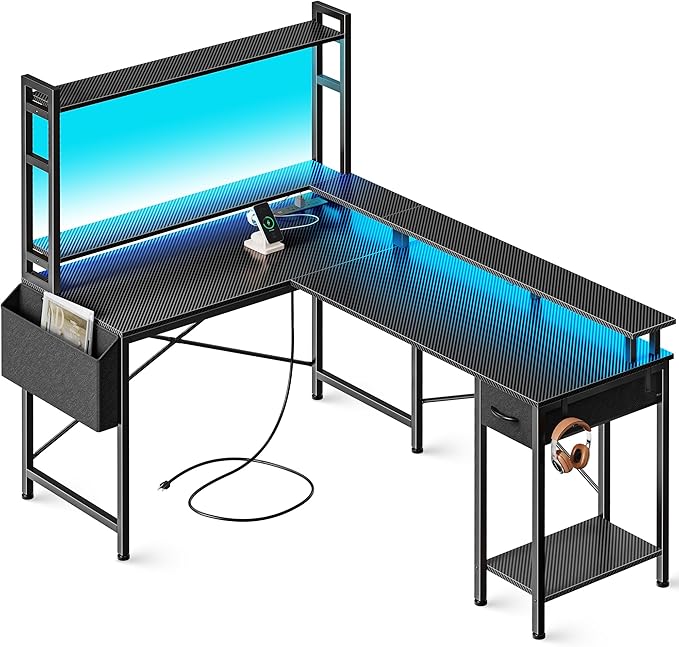 L Shaped Desk Computer Desk with LED Lights & Power Outlets, Gaming Desk with Storage Shelves, Corner Desk Home Office Desks for Bedroom, Carbon Fiber Black - LeafyLoom