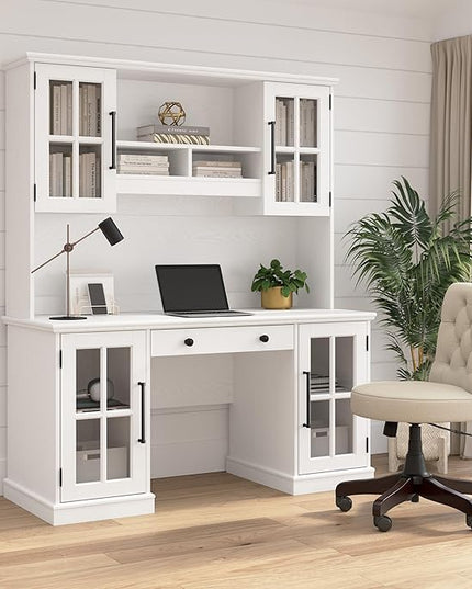 Bush Furniture Westbrook 60W Computer Desk with Storage and Keyboard Tray in White Ash | Farmhouse Desk for Home Office Workspace - LeafyLoom