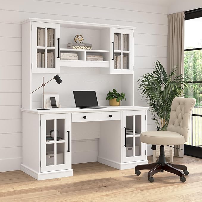 Bush Furniture Westbrook 60W Computer Desk with Storage and Keyboard Tray in White Ash | Farmhouse Desk for Home Office Workspace - LeafyLoom
