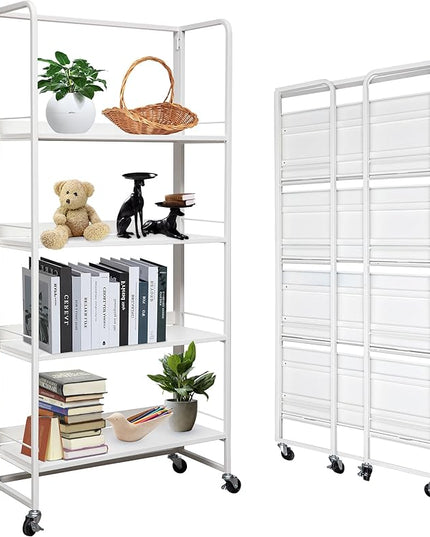 No-Assembly Folding Bookshelf Storage Rack Shelves with Castors 4 Tiers Vintage Bookcase Standing Racks Multifunctional Plant Flower Stand Study Organizer for Home Office (Metal,White) - LeafyLoom