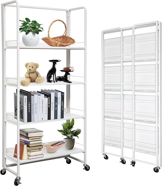 No-Assembly Folding Bookshelf Storage Rack Shelves with Castors 4 Tiers Vintage Bookcase Standing Racks Multifunctional Plant Flower Stand Study Organizer for Home Office (Metal,White) - LeafyLoom