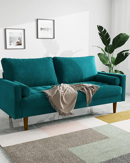 Velvet Furniture for Small Spaces, Mid-Century Modern Loveseats for Living Room, Love Seat Couch Sofas, 70 Inches, Teal Blue - LeafyLoom