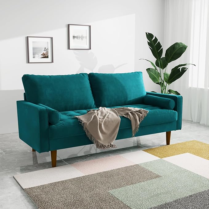 Velvet Furniture for Small Spaces, Mid-Century Modern Loveseats for Living Room, Love Seat Couch Sofas, 70 Inches, Teal Blue - LeafyLoom