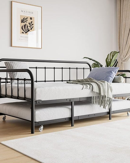 Twin Size Metal Daybed Frame with Trundle and Headboard,Guest Room Multifunctional Heavy Duty Sofa Bed Platform w/Steel Slat Support & Easy Assembly,for Adult Kid Boy Girl,Black - LeafyLoom