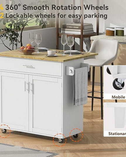 RITSU 39" Rolling Kitchen Island Cart, Indoor Bar Storage Cabinet Organizer with Divider Internal Cabinet Rack, Portable Movable Table w/Adjustable Shelf Towel Rack, for Dining Room, White - LeafyLoom