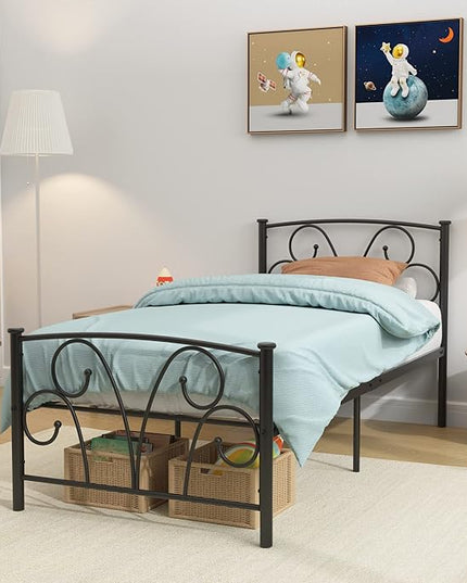 Timy Kids Twin Bed Frame with Headboard and Footboard, Metal Platform Bed Frame with 12 Inch Storage Space for Boys Girls Teens Adults, No Box Spring Needed, Black - LeafyLoom
