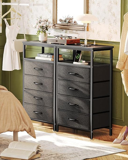 Night Stand with Charging Station, 4 Drawer Dresser for Bedroom, Bedside Table, 33.9 Inch Tall Nightstand with Open Shelf, End Table, for Closet, Entryway, Bedroom, Black - LeafyLoom