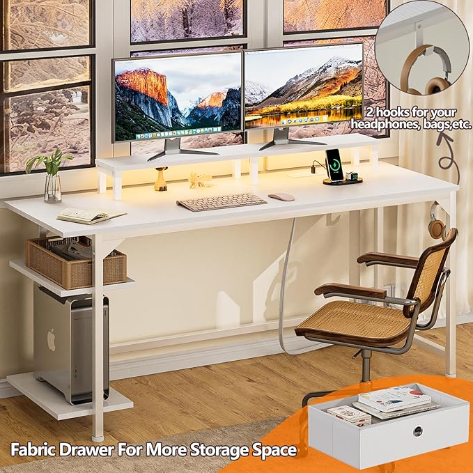 Furologee White Gaming Desk with Charging Station and LED Lights, 55" Office Computer Desk with Reversible Shelves and Fabric Drawer, Study Table with Monitor Stand and 2 Hooks for Home Office - LeafyLoom
