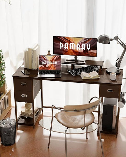 Pamray 55 Inch Computer Desk with Non-Woven Storage Drawers and Monitor Stand Home Office Desk for Bedroom Study Table Writing and Work Desk Deep Brown - LeafyLoom