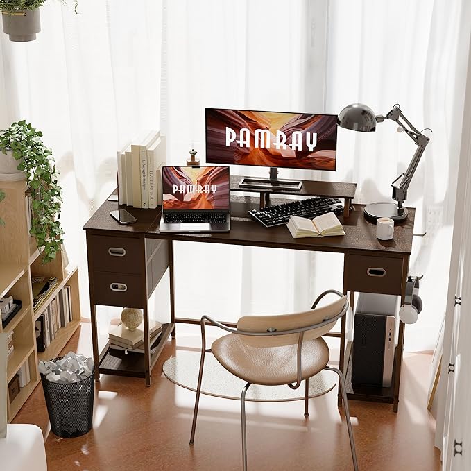 Pamray 55 Inch Computer Desk with Non-Woven Storage Drawers and Monitor Stand Home Office Desk for Bedroom Study Table Writing and Work Desk Deep Brown - LeafyLoom