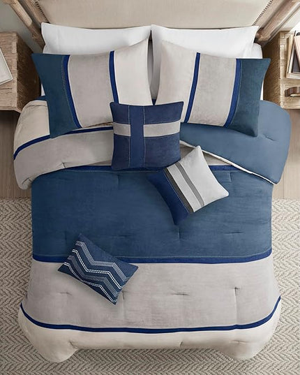 Madison Park Palisades Comforter Set Modern Faux Suede Pieced Stripe Design, All Season Down Alternative Cozy Bedding with Matching Shams, Decorative Pillows, Cal King(104"x92"), Blue 7 Piece - LeafyLoom