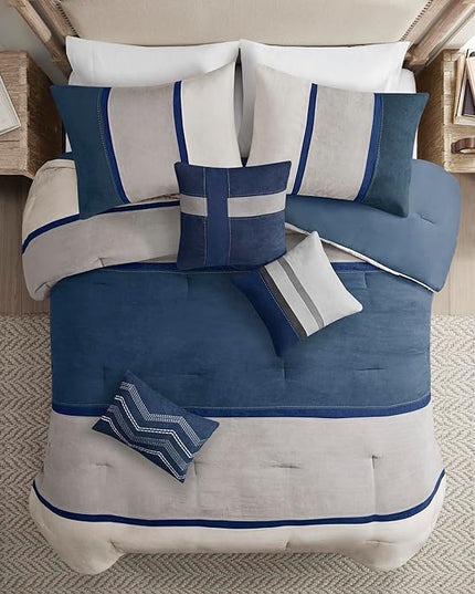 Madison Park Palisades Comforter Set Modern Faux Suede Pieced Stripe Design, All Season Down Alternative Cozy Bedding with Matching Shams, Decorative Pillows, King(104"x92"), Blue 7 Piece - LeafyLoom