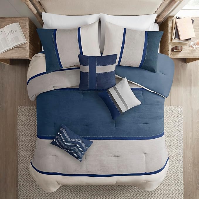 Madison Park Palisades Comforter Set Modern Faux Suede Pieced Stripe Design, All Season Down Alternative Cozy Bedding with Matching Shams, Decorative Pillows, King(104"x92"), Blue 7 Piece - LeafyLoom