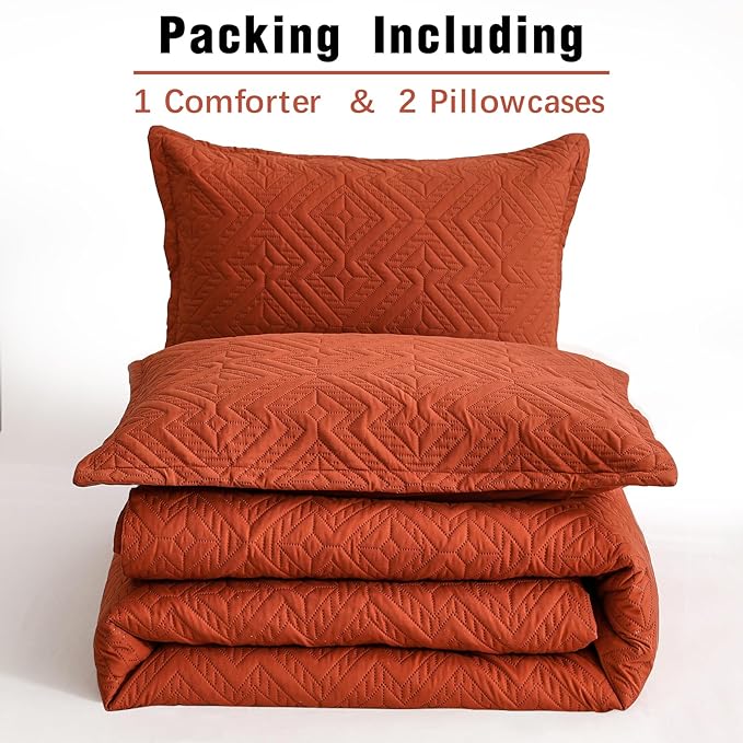 WONGS BEDDING Burnt Orange Comforter Set Queen Size(90“×90”), Terracotta Boho Geometric Textured Bedding Comforter Sets - 3 Pieces Soft Microfiber Ultrasonic Bedding with 2 Pillowcases - LeafyLoom