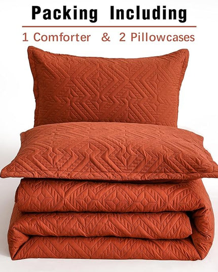 WONGS BEDDING Burnt Orange Comforter Set King Size(104“×90”),Reversible terracotta Boho Geometric Textured Bedding Comforter Sets - 3 Pieces Soft Microfiber Ultrasonic Bedding with 2 Pillow Cases - LeafyLoom