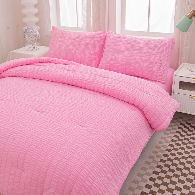 Pink Comforter Sets King Size, Pink Seersucker Bedding Set 3-Pieces Bed in a Bag Microfiber Lightweight Comforter All Season Bedding Sets with 2 Pillowcases - LeafyLoom