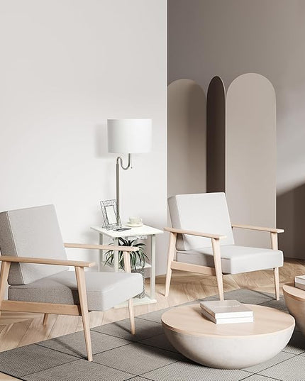 Simple Designs LF2016-WHT 57" Modern 2 Tier End Table Floor Lamp Combination with 2 x USB Charging Ports & Power Outlet with White Drum Fabric Shade for Bedroom, Living Room, Office, White - LeafyLoom