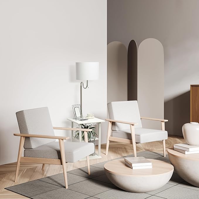 Simple Designs LF2016-WHT 57" Modern 2 Tier End Table Floor Lamp Combination with 2 x USB Charging Ports & Power Outlet with White Drum Fabric Shade for Bedroom, Living Room, Office, White - LeafyLoom