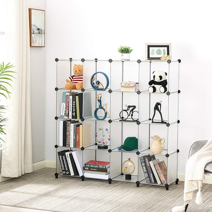 ANWBROAD Cube Storage Organizer 16 Cubes DIY Closet Cabinet Bookshelf Kids Organizers and Storage for Bedroom Closet Organizer Cubby Shelving Plastic Bookcase Office Living Room White ULCS016T - LeafyLoom