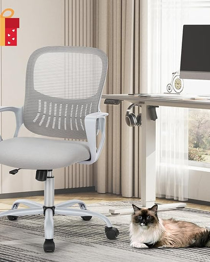 SMUG Office Computer Desk Ergonomic Mid-Back Mesh Rolling Work Swivel Task Chairs with Wheels, Comfortable Lumbar Support, Comfy Arms, Grey - LeafyLoom