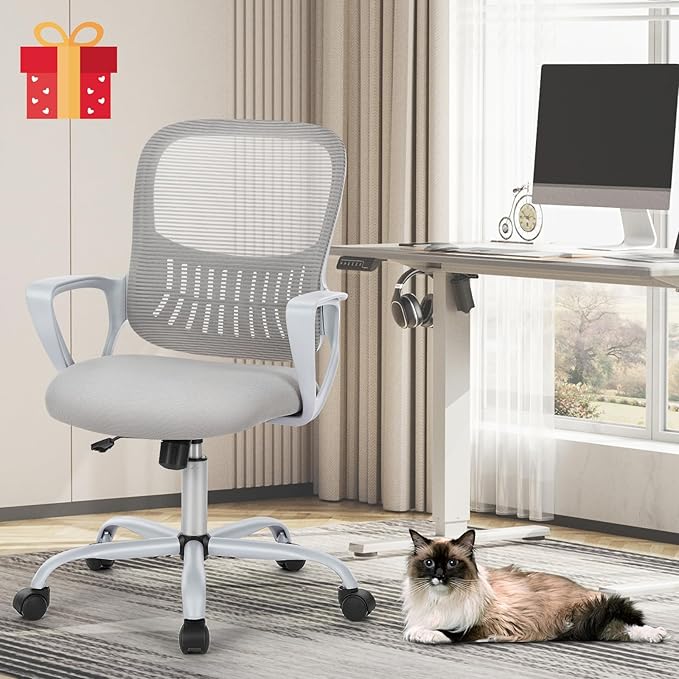 SMUG Office Computer Desk Ergonomic Mid-Back Mesh Rolling Work Swivel Task Chairs with Wheels, Comfortable Lumbar Support, Comfy Arms, Grey - LeafyLoom