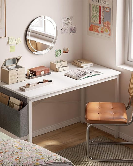 Cubiker Computer Desk 32 inch Home Office Writing Study Desk, Modern Simple Style Laptop Table with Storage Bag, White Metal Frame, White - LeafyLoom