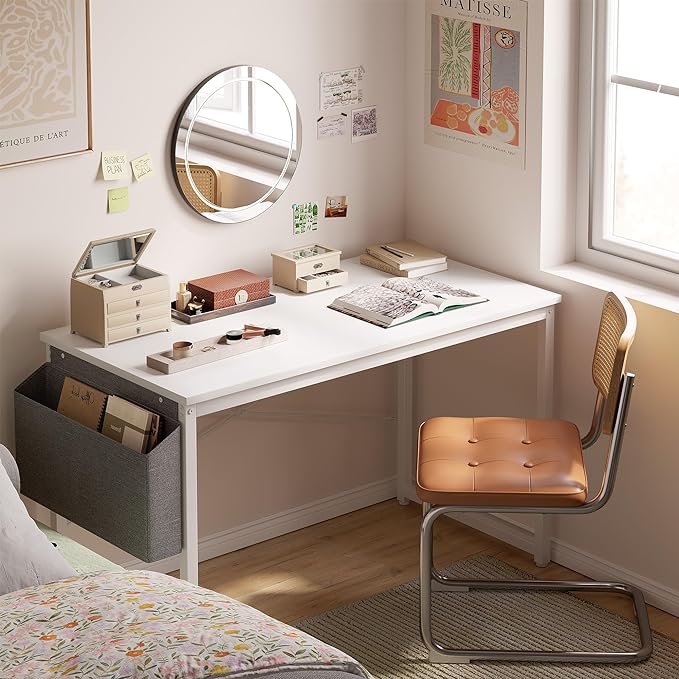Cubiker Computer Desk 32 inch Home Office Writing Study Desk, Modern Simple Style Laptop Table with Storage Bag, White Metal Frame, White - LeafyLoom