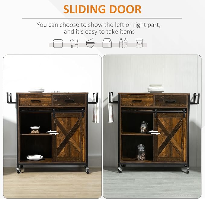 HOMCOM Industrial Kitchen Cart, Rolling Kitchen Island with Adjustable Shelf, Two Drawers, Sliding Barn Door Cabinet and Towel Rack, Rustic Brown - LeafyLoom