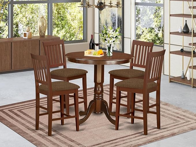 East West Furniture JAVN5-MAH-C 5 Piece Kitchen Counter Set Includes a Round Dining Table with Pedestal and 4 Linen Fabric Dining Room Chairs, 36x36 Inch, Mahogany - LeafyLoom