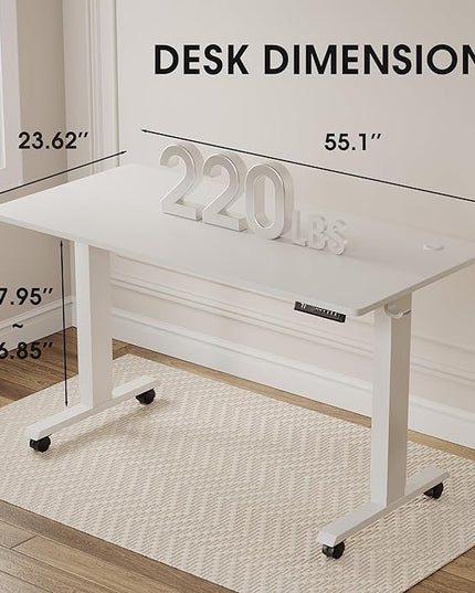 Electric Standing Desk 55 Inch, Ergonomic Height Adjustable Table with T-Shaped Metal Bracket Modern Computer Workstations for Home Office, White - LeafyLoom