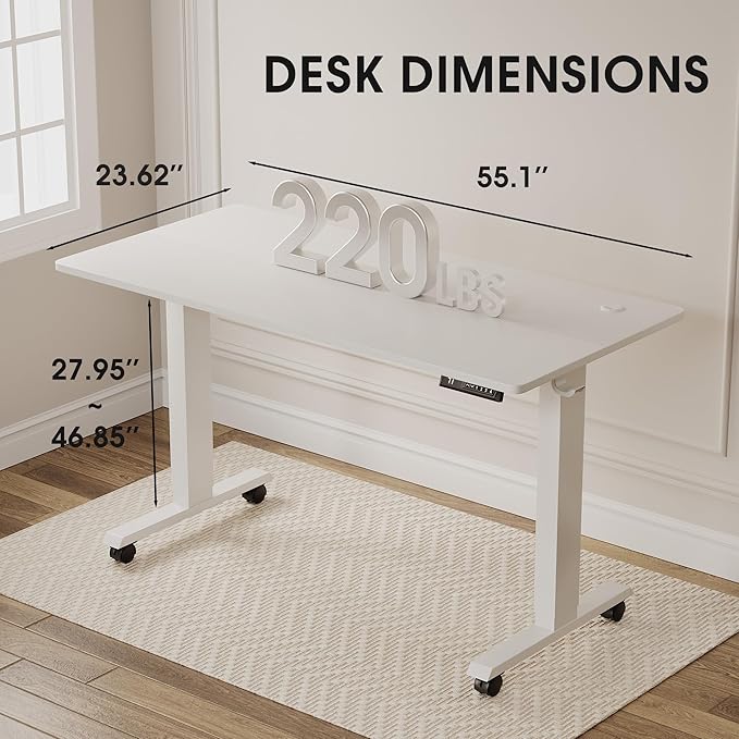 Electric Standing Desk 55 Inch, Ergonomic Height Adjustable Table with T-Shaped Metal Bracket Modern Computer Workstations for Home Office, White - LeafyLoom