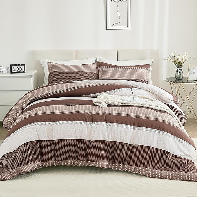 Litanika Brown Comforter Set California King - 3 Pieces Lightweight Brown White Colorblock Stripe Fluffy Bedding Comforter Sets, All Season Bed Set - LeafyLoom