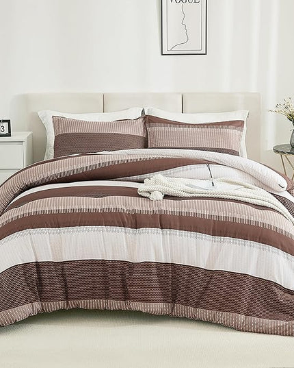 Litanika Brown Comforter Set Twin/Twin XL - 2 Pieces Lightweight Brown White Colorblock Stripe Fluffy Bedding Comforter Sets, All Season Bed Set - LeafyLoom