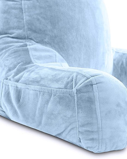 Husband Pillow XXL Sky Blue Backrest with Arms - Adult Reading Pillow Shredded Memory Foam, Ultra-Comfy Removable Microplush Cover, Detachable Neck Roll, Unmatched Support for Bed Rest Sit Up Pillow - LeafyLoom