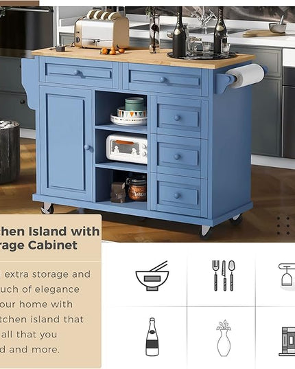 Island with Storage Cabinets, Rolling Mobile Kitchen-cart with Rubber Wood Desktop and 5 Drawers & Open Shelves, Sideboard for Dining Room, Home Bar, Blue, 52.8 Inch - LeafyLoom