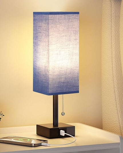 Blue Small Table Lamp for Bedroom - 3 Color Temperature 3000K 5000K 4000K Bedside Lamp, Pull Chain Control, USB A and C Charging Ports, Black Base, for Kids Office Dorm nightstand, Bulb Included - LeafyLoom