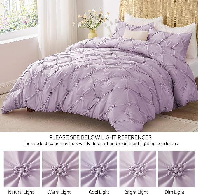 BEDELITE Light Purple Twin Comforter Set for Girls - 2 Peices Boho Pintuck Bedding Comforter Sets, Lightweight Soft & Warm Twin Bedding Sets with 1 Pillowcase for All Season - LeafyLoom