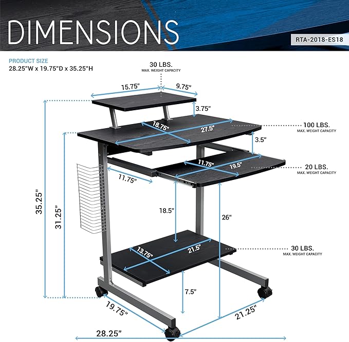 Techni Mobili Compact Computer Cart with Storage, Espresso - LeafyLoom