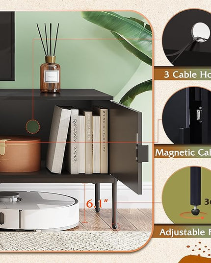 WLIVE Modern TV Stand for 65 Inch TV, Mid Century Entainment Center with Storage, TV Console with Open Shelf and 2 Cabinets for Bedroom and Living Room, TV Cabinet with Metal Legs, Black - LeafyLoom