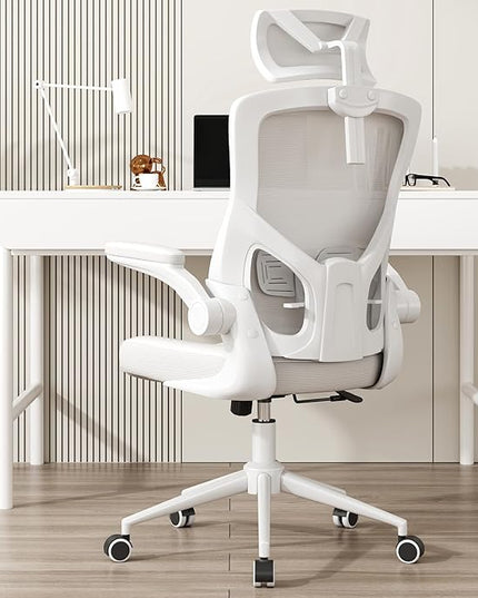 𝑯𝑶𝑴𝑬 𝑶𝑭𝑭𝑰𝑪𝑬 𝑪𝑯𝑨𝑰𝑹, Ergonomic Mesh Desk Chair, High Back Computer Chair- Adjustable Headrest with Flip-Up Arms, Lumbar Support, Swivel Executive Task Chair (Modern, White) - LeafyLoom