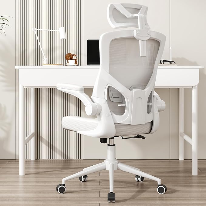 𝑯𝑶𝑴𝑬 𝑶𝑭𝑭𝑰𝑪𝑬 𝑪𝑯𝑨𝑰𝑹, Ergonomic Mesh Desk Chair, High Back Computer Chair- Adjustable Headrest with Flip-Up Arms, Lumbar Support, Swivel Executive Task Chair (Modern, White) - LeafyLoom