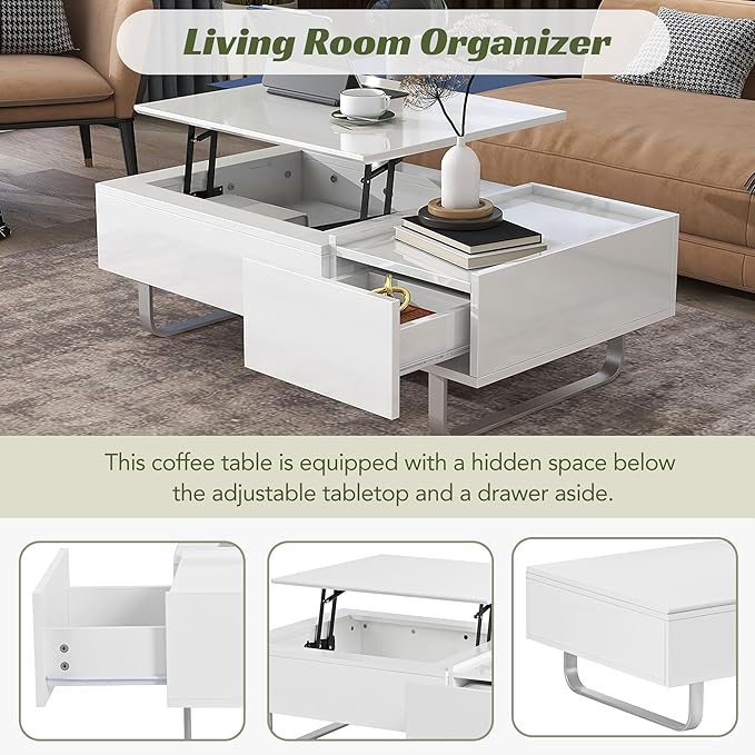 Lift Top Coffee Table, 45 Inch Contemporary Center Table with Drawer and Metal Frame Legs, High-Gloss Surface Coffee Tables for Living Room, White - LeafyLoom