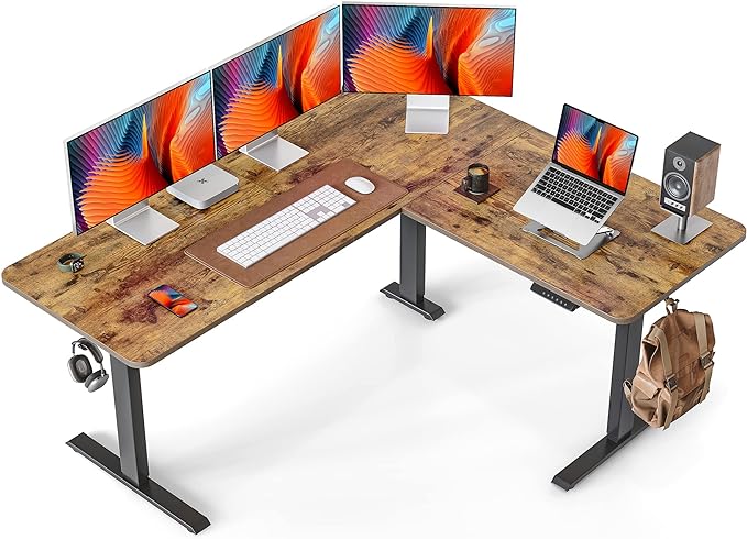 FEZIBO L Shaped Standing Desk Adjustable Height, 63 Inch Electric Stand up Corner Computer Desk, Sit Stand Home Office Desk with Splice Board, Rustic Brown Top/Black Frame - LeafyLoom
