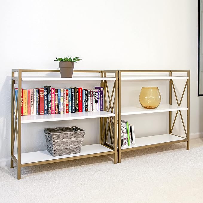 Leick Home 9261-WTGL Claudette Mixed Metal and Wood Bookshelf, White/gold - LeafyLoom