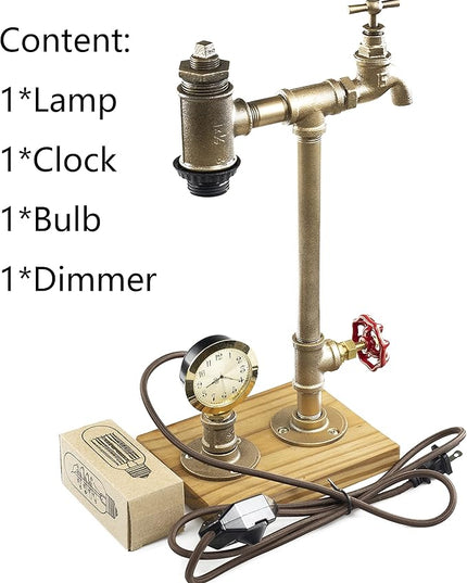 Steampunk Lamp with Dimmer, Dimmable Loft Style Industrial Vintage Antique Style Light with Bulb, Clock, Wood Base with Iron Piping Desk Lamp, Retro Desk Lamp LL-031 - LeafyLoom
