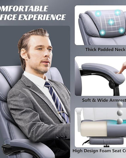 Office Chair, Executive Leather Chair Big and Tall Ergonomic Computer Desk Chair, Comfy Swivel Rolling Reclining Lumbar Support Task Chair with Adjustable High Back Foot Rest for Home Gaming - LeafyLoom
